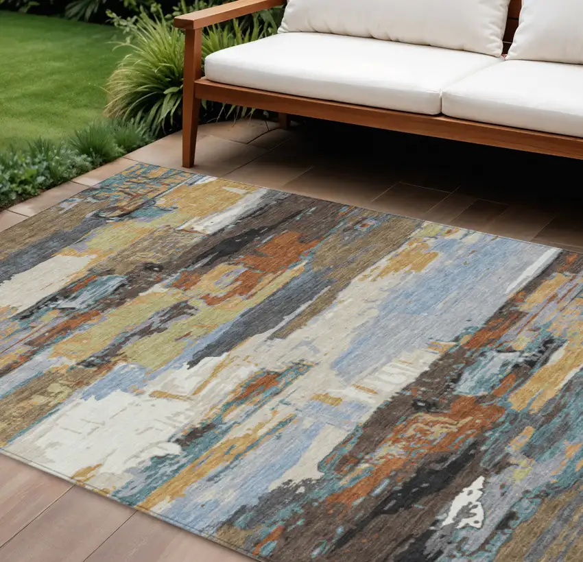 Brown Blue Ivory And Gold Abstract Washable Indoor Outdoor Area Rug Photo 1