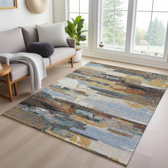 Brown Blue Ivory And Gold Abstract Washable Indoor Outdoor Area Rug Photo 9