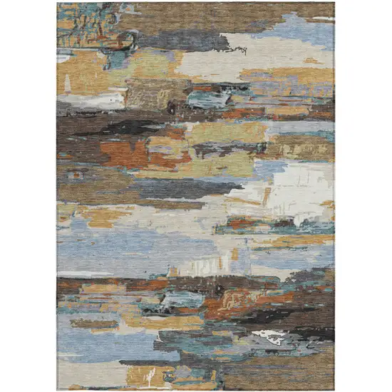 Brown Blue Ivory And Gold Abstract Washable Indoor Outdoor Area Rug Photo 4