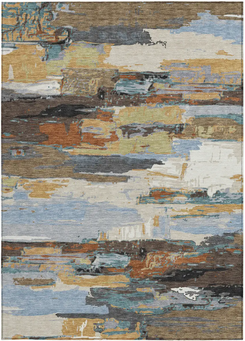 Brown Blue Ivory And Gold Abstract Washable Indoor Outdoor Area Rug Photo 5