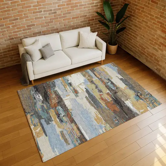 Brown Blue Ivory And Gold Abstract Washable Indoor Outdoor Area Rug Photo 9