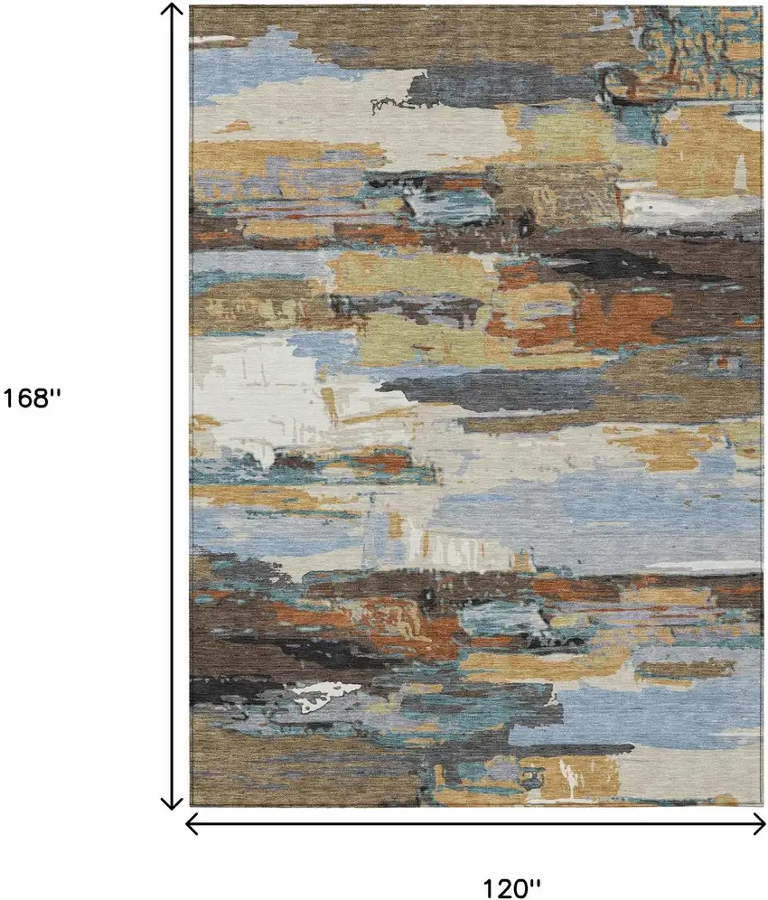 Brown Blue Ivory And Gold Abstract Washable Indoor Outdoor Area Rug Photo 3