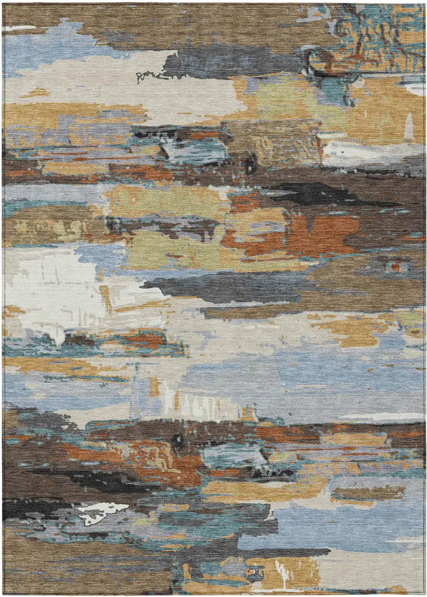 Brown Blue Ivory And Gold Abstract Washable Indoor Outdoor Area Rug Photo 2