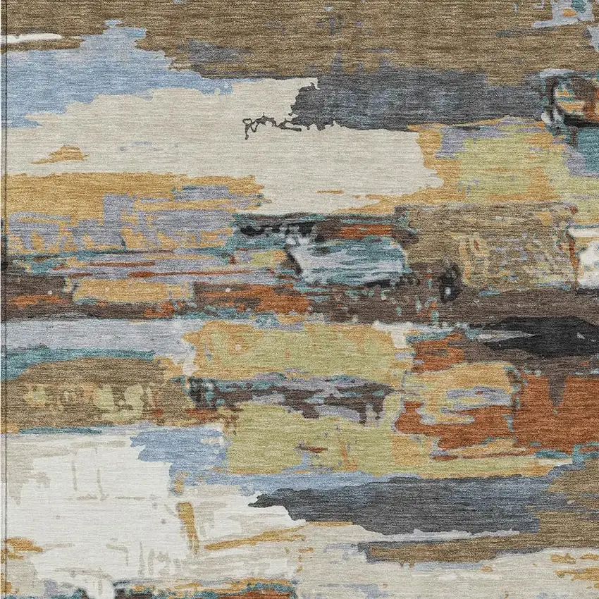Brown Blue Ivory And Gold Abstract Washable Indoor Outdoor Area Rug Photo 6