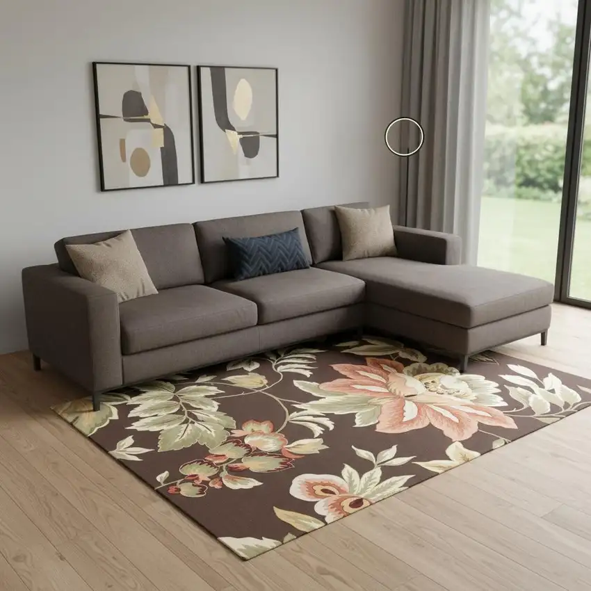 Brown Botanical Leaves Hand Carved Handmade Area Rug Photo 1