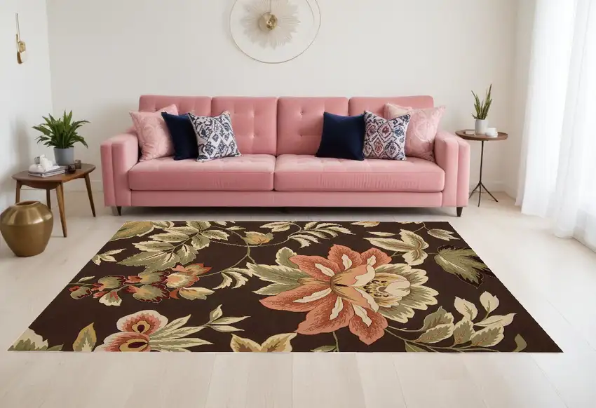 Brown Botanical Leaves Hand Carved Handmade Area Rug Photo 1