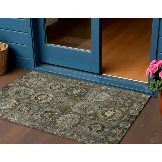 Brown Charcoal And Beige Medallion Washable Indoor Outdoor Area Rug Photo 2