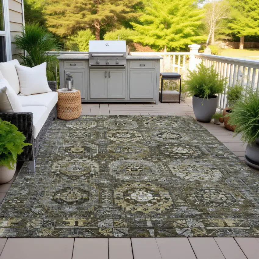 Brown Charcoal And Beige Medallion Washable Indoor Outdoor Area Rug Photo 5