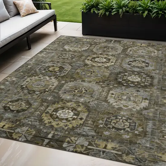 Brown Charcoal And Beige Medallion Washable Indoor Outdoor Area Rug Photo 2