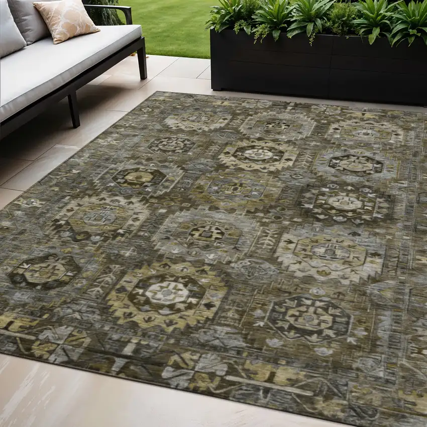 Brown Charcoal And Beige Medallion Washable Indoor Outdoor Area Rug Photo 2