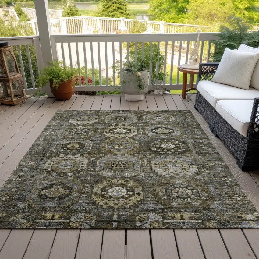 Brown Charcoal And Beige Medallion Washable Indoor Outdoor Area Rug Photo 8