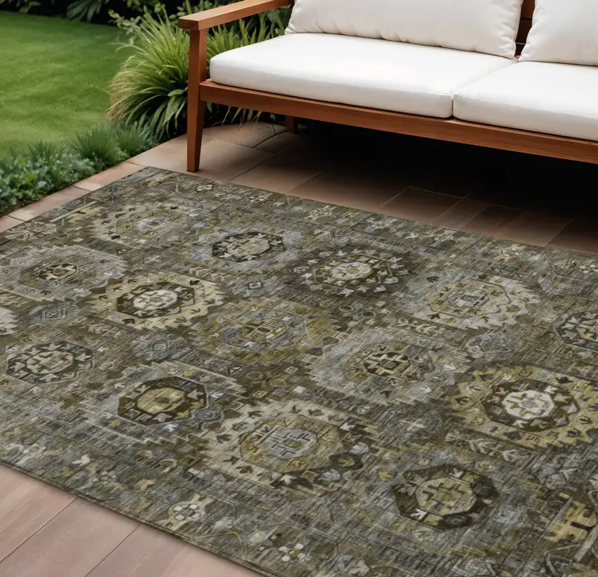 Brown Charcoal And Beige Medallion Washable Indoor Outdoor Area Rug Photo 2