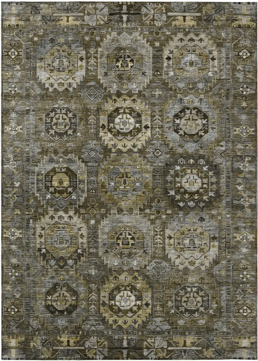 Brown Charcoal And Beige Medallion Washable Indoor Outdoor Area Rug Photo 1