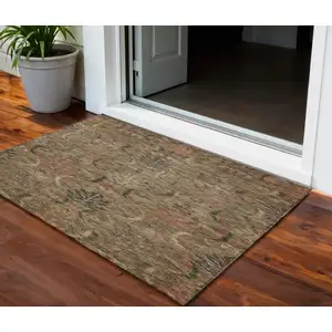 Photo of Brown Charcoal And Brick Red Damask Washable Indoor Outdoor Area Rug