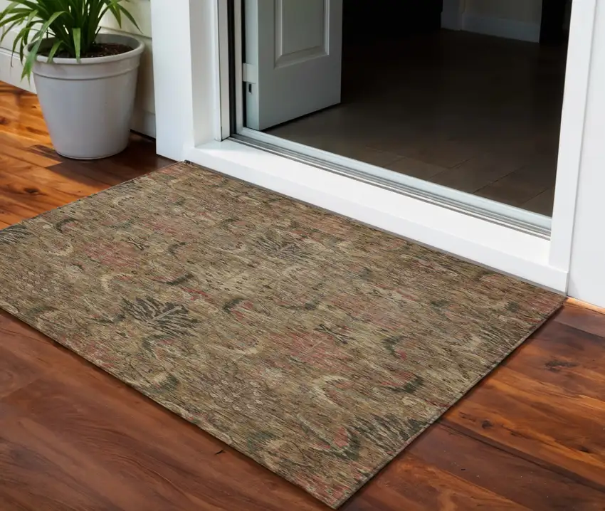Brown Charcoal And Brick Red Damask Washable Indoor Outdoor Area Rug Photo 1