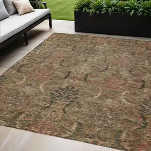 Photo of Brown Charcoal And Brick Red Damask Washable Indoor Outdoor Area Rug