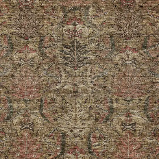 Brown Charcoal And Brick Red Damask Washable Indoor Outdoor Area Rug Photo 5