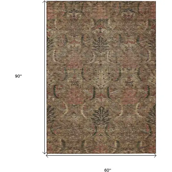 Brown Charcoal And Brick Red Damask Washable Indoor Outdoor Area Rug Photo 7