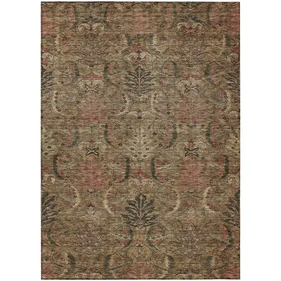 Brown Charcoal And Brick Red Damask Washable Indoor Outdoor Area Rug Photo 2