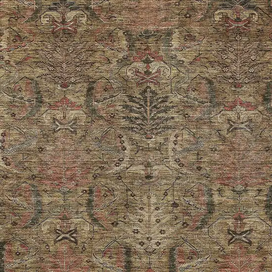 Brown Charcoal And Brick Red Damask Washable Indoor Outdoor Area Rug Photo 5