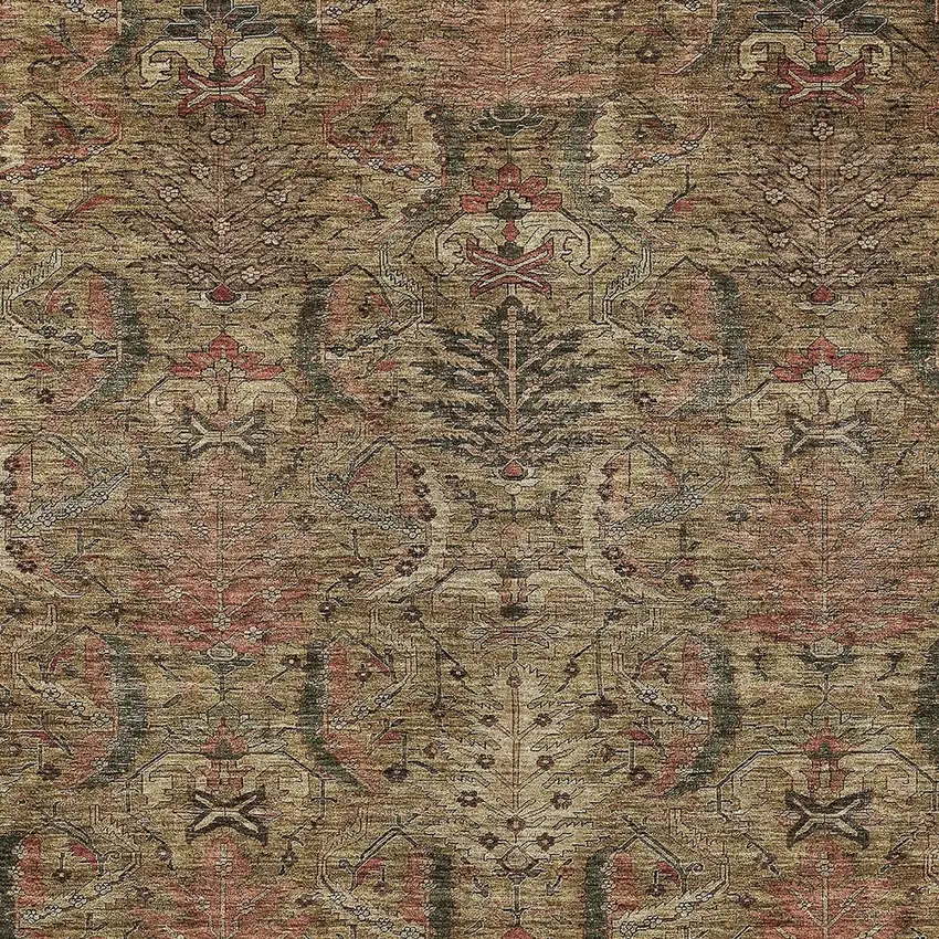 Brown Charcoal And Brick Red Damask Washable Indoor Outdoor Area Rug Photo 5