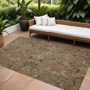 Photo of Brown Charcoal And Brick Red Damask Washable Indoor Outdoor Area Rug