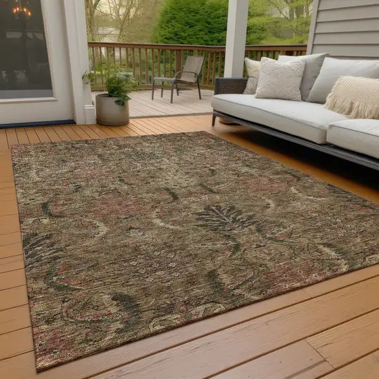 Brown Charcoal And Brick Red Damask Washable Indoor Outdoor Area Rug Photo 9