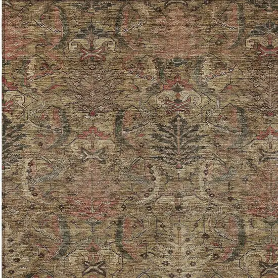 Brown Charcoal And Brick Red Damask Washable Indoor Outdoor Area Rug Photo 4