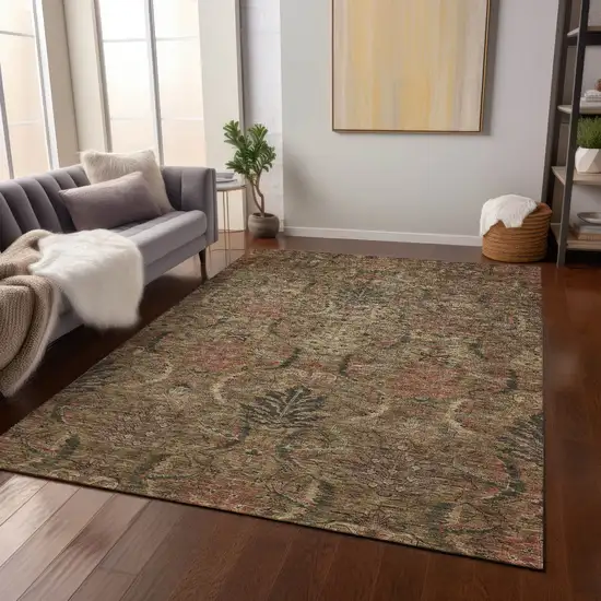 Brown Charcoal And Brick Red Damask Washable Indoor Outdoor Area Rug Photo 8
