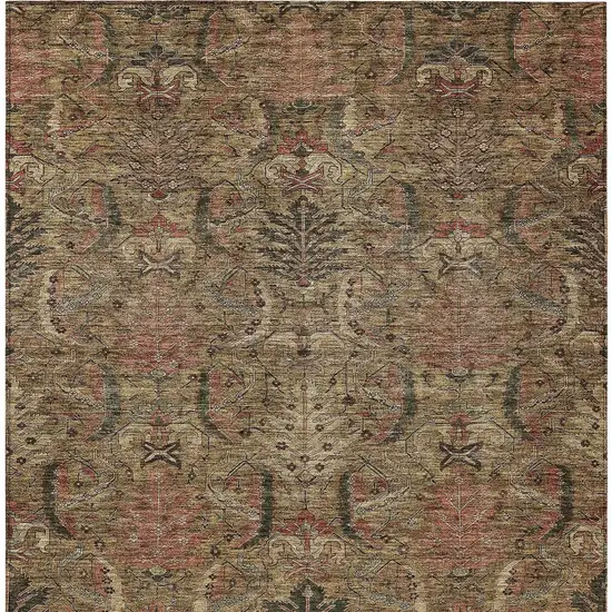 Brown Charcoal And Brick Red Damask Washable Indoor Outdoor Area Rug Photo 5