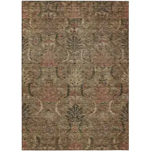 Photo of Brown Charcoal And Brick Red Damask Washable Indoor Outdoor Area Rug