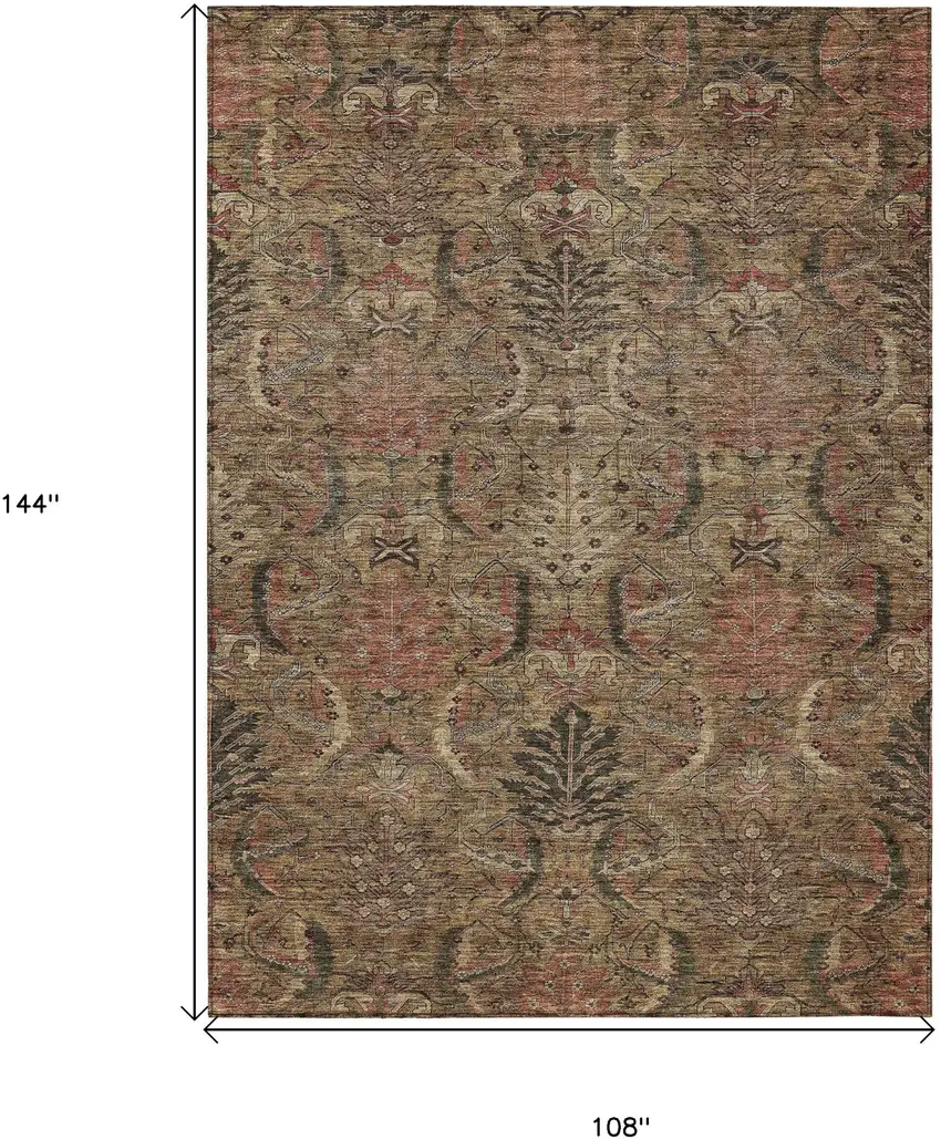 Brown Charcoal And Brick Red Damask Washable Indoor Outdoor Area Rug Photo 6