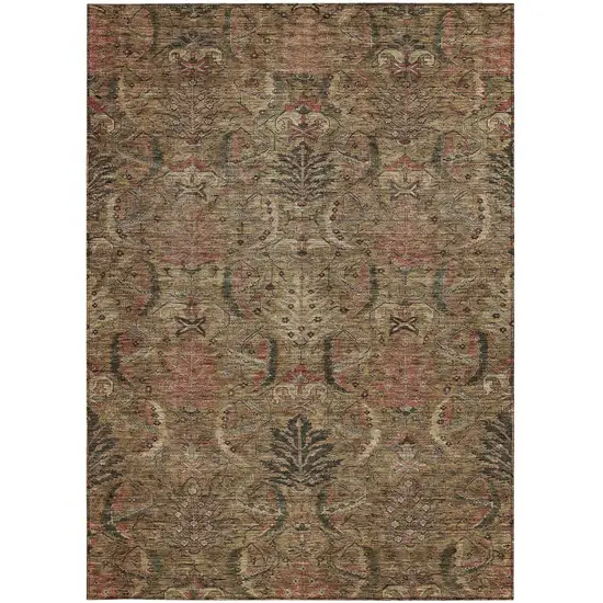 Brown Charcoal And Brick Red Damask Washable Indoor Outdoor Area Rug Photo 6