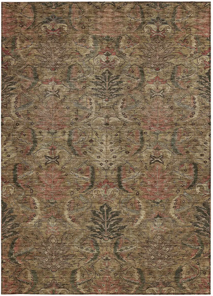 Brown Charcoal And Brick Red Damask Washable Indoor Outdoor Area Rug Photo 6