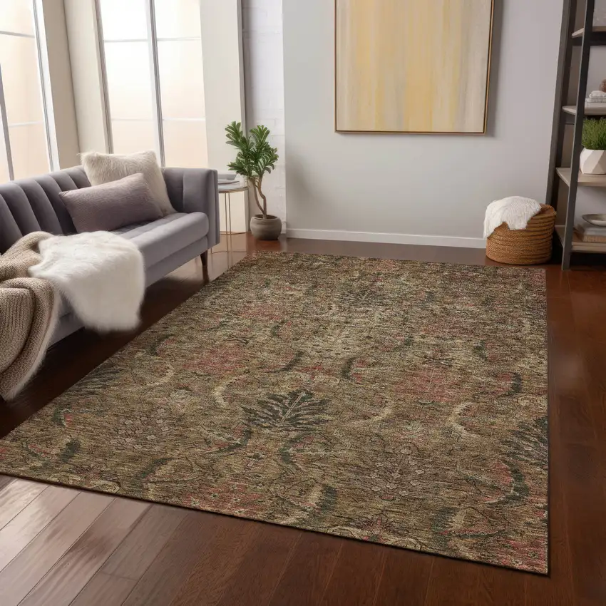 Brown Charcoal And Brick Red Damask Washable Indoor Outdoor Area Rug Photo 9