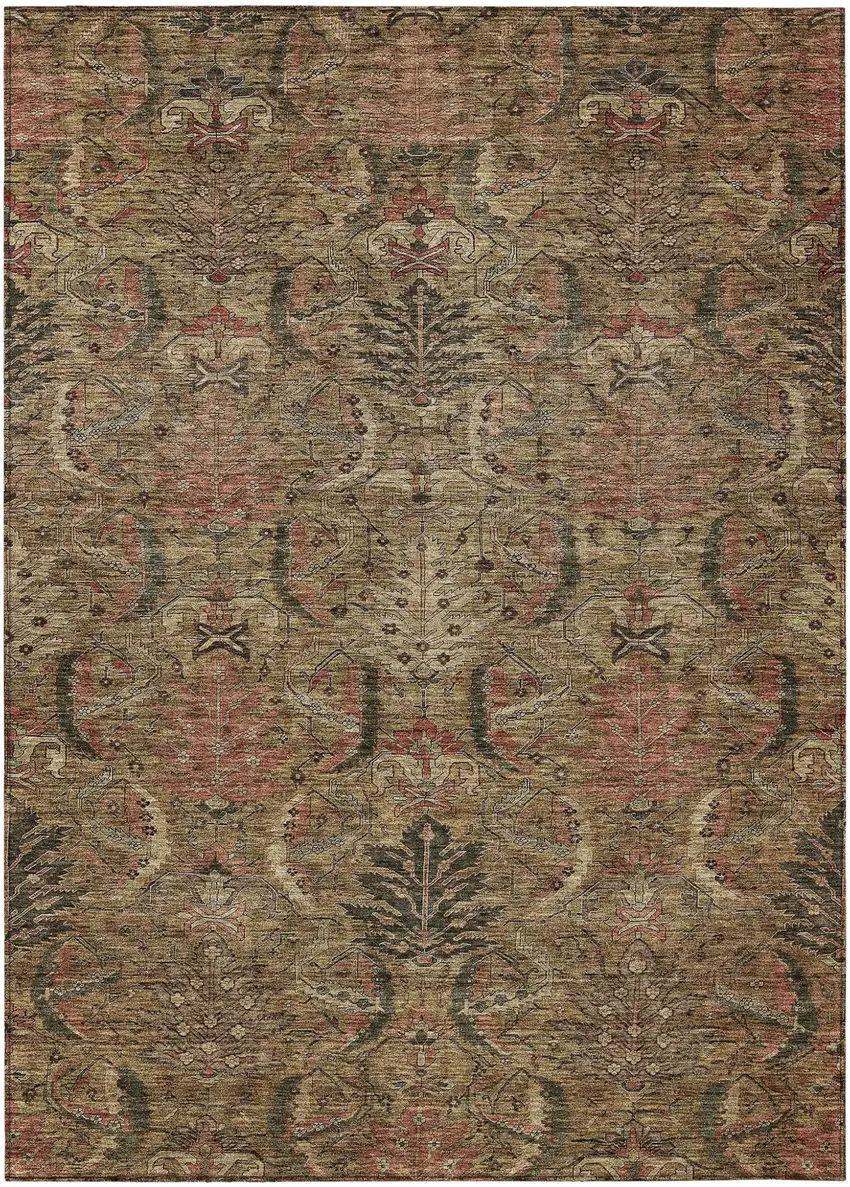 Brown Charcoal And Brick Red Damask Washable Indoor Outdoor Area Rug Photo 2