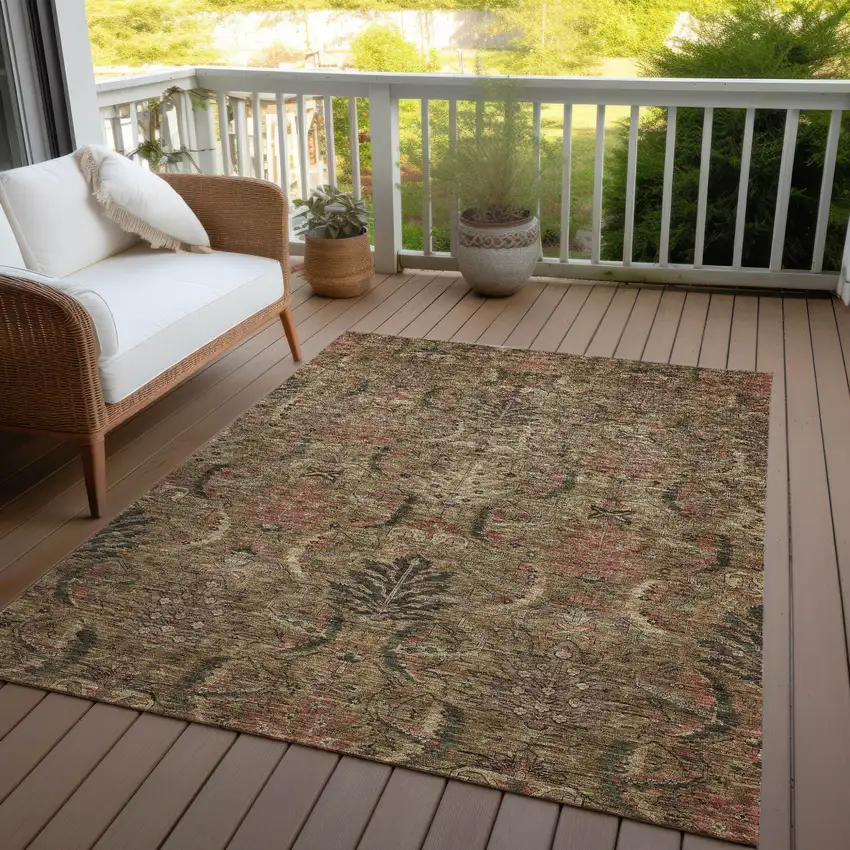 Brown Charcoal And Brick Red Damask Washable Indoor Outdoor Area Rug Photo 7