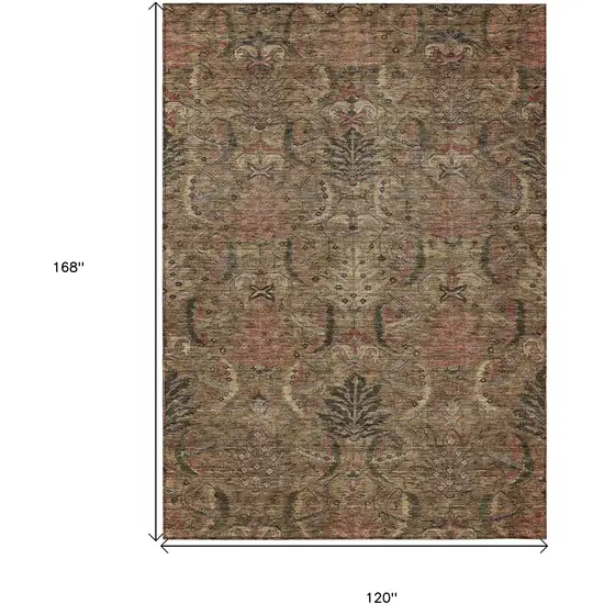 Brown Charcoal And Brick Red Damask Washable Indoor Outdoor Area Rug Photo 7