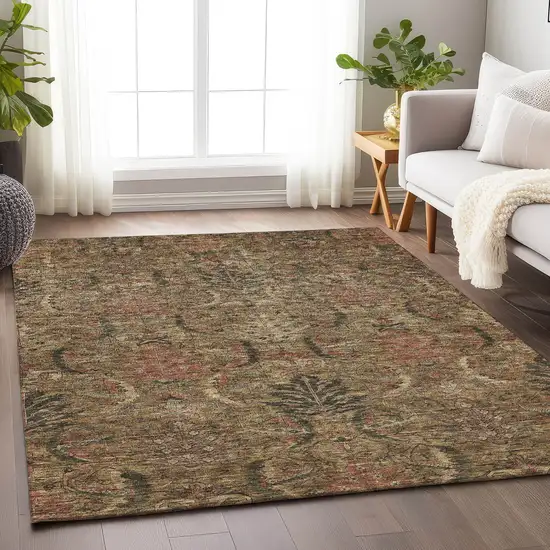 Brown Charcoal And Brick Red Damask Washable Indoor Outdoor Area Rug Photo 8