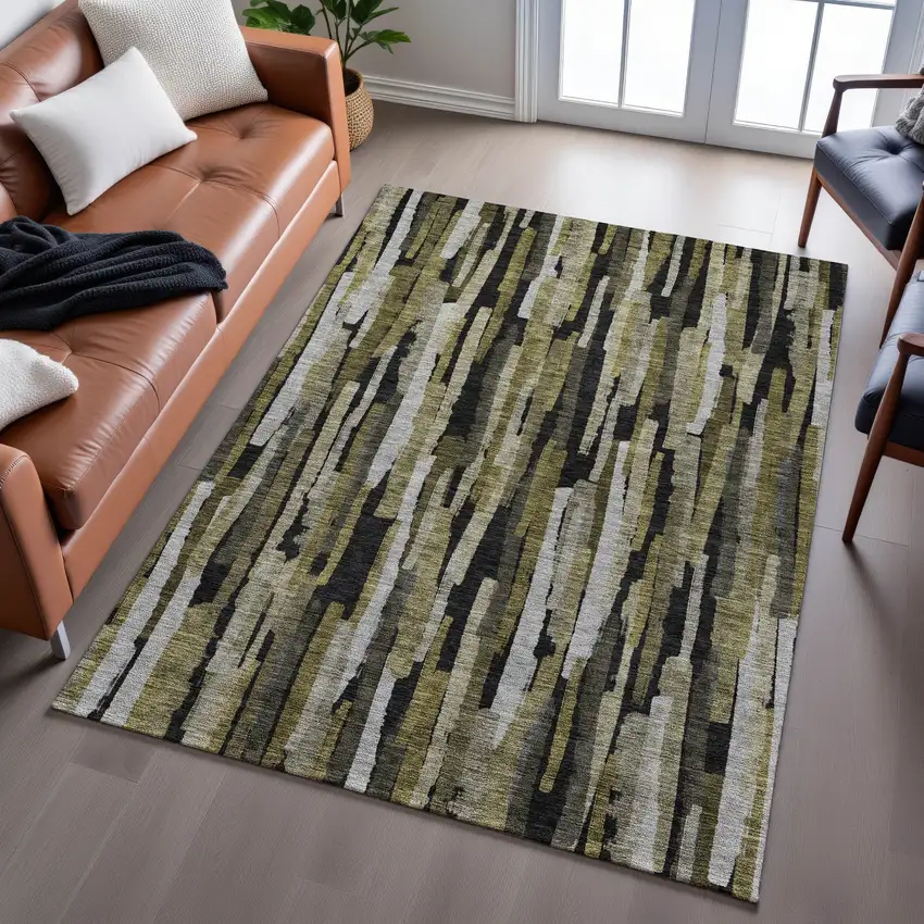 Brown Charcoal And Gray Striped Washable Area Rug With UV Protection Photo 5