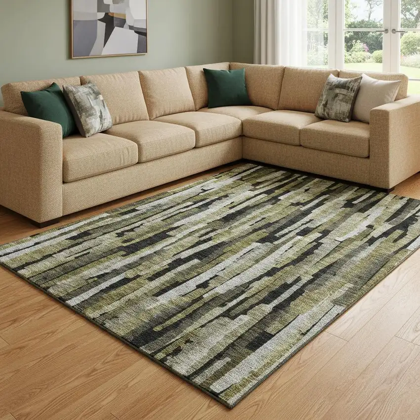 Brown Charcoal And Gray Striped Washable Area Rug With UV Protection Photo 2