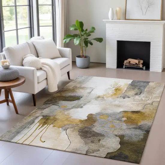 Brown Charcoal And Ivory Abstract Washable Indoor Outdoor Area Rug Photo 5