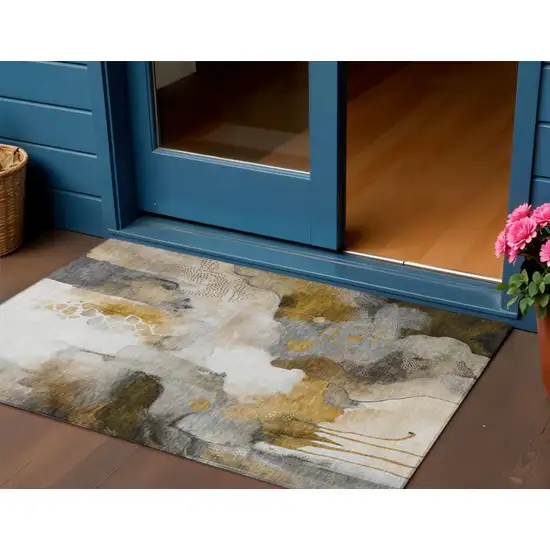 Brown Charcoal And Ivory Abstract Washable Indoor Outdoor Area Rug Photo 2