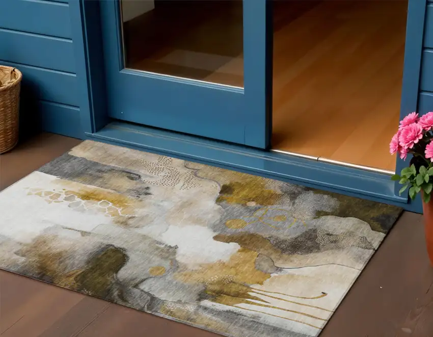 Brown Charcoal And Ivory Abstract Washable Indoor Outdoor Area Rug Photo 2