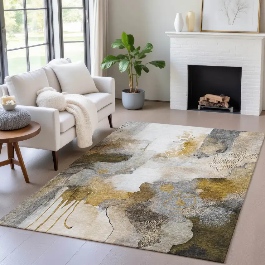 Brown Charcoal And Ivory Abstract Washable Indoor Outdoor Area Rug Photo 5