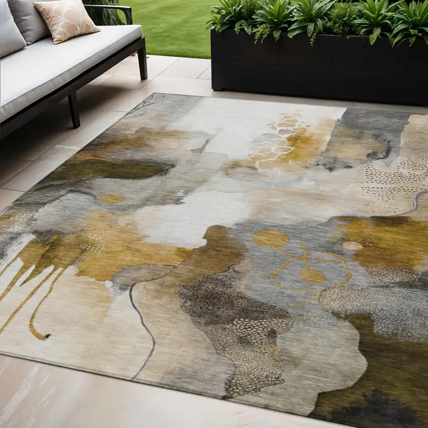 Brown Charcoal And Ivory Abstract Washable Indoor Outdoor Area Rug Photo 2