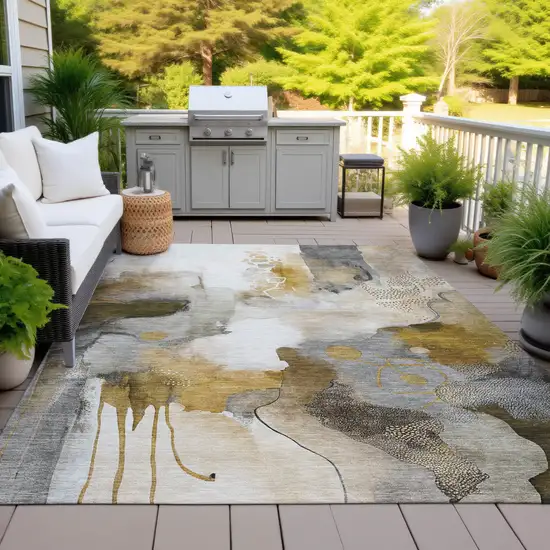 Brown Charcoal And Ivory Abstract Washable Indoor Outdoor Area Rug Photo 4