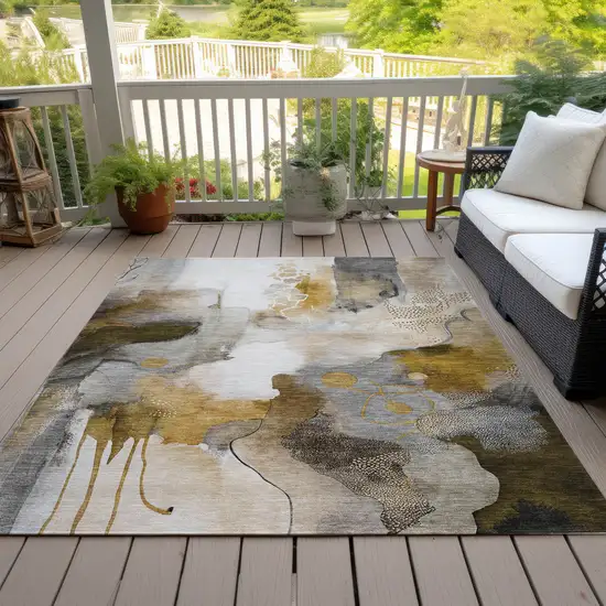 Brown Charcoal And Ivory Abstract Washable Indoor Outdoor Area Rug Photo 7