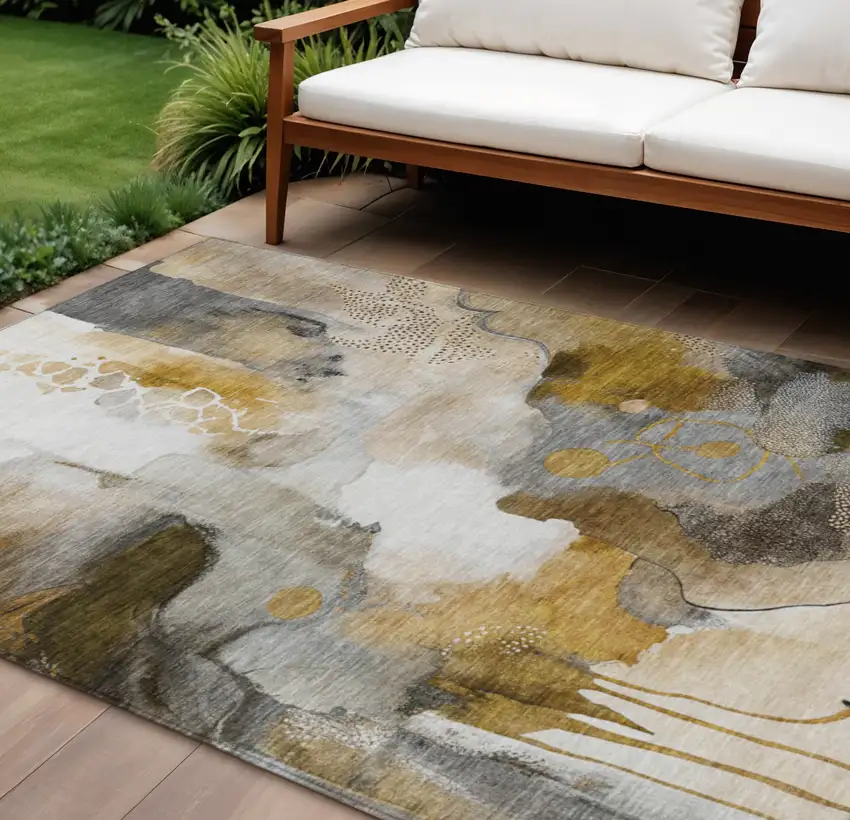Brown Charcoal And Ivory Abstract Washable Indoor Outdoor Area Rug Photo 2