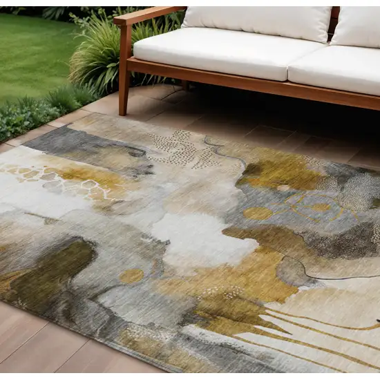 Brown Charcoal And Ivory Abstract Washable Indoor Outdoor Area Rug Photo 2